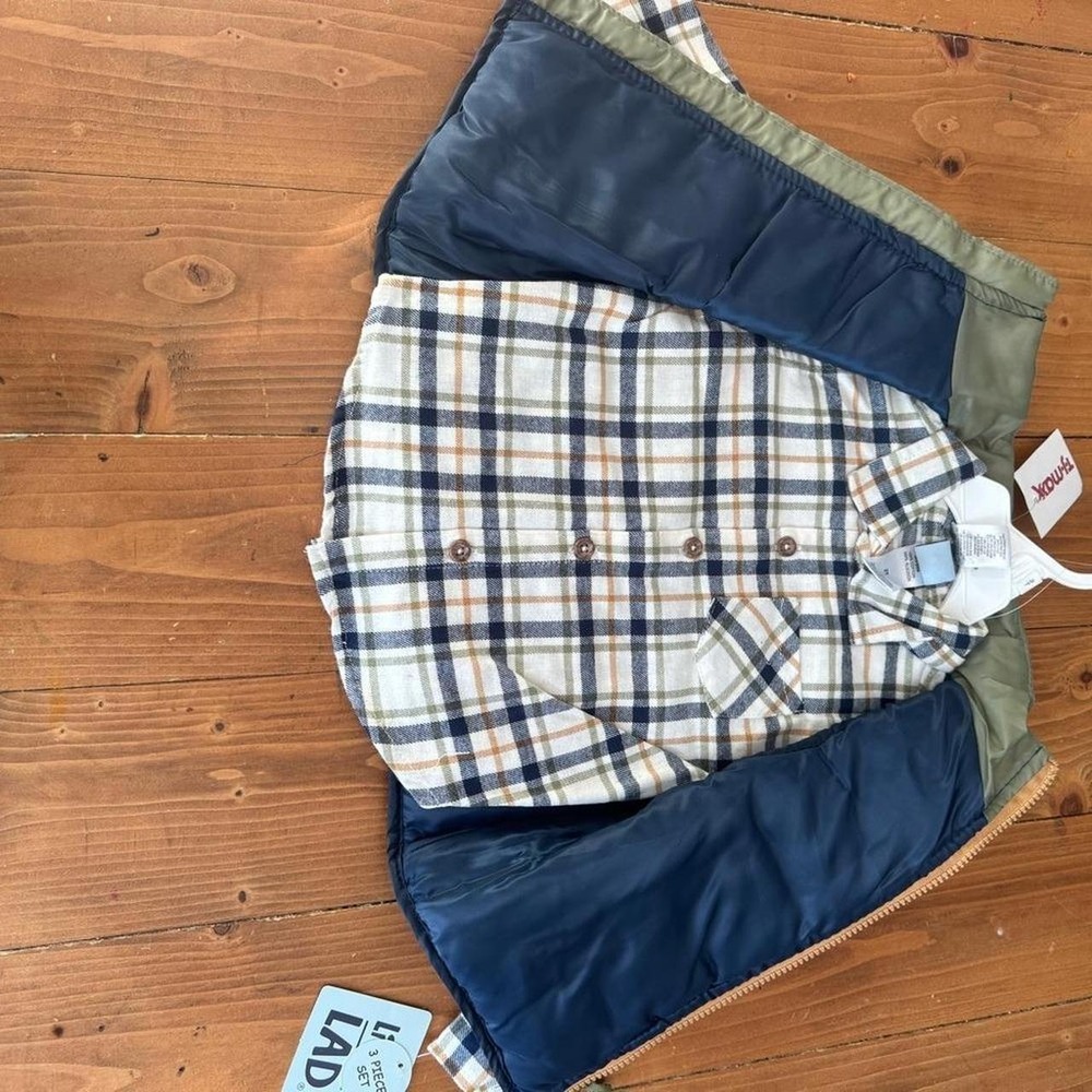 Little Lad Kids 2T Plaid Shirt and Quilted Puffer Vest 2 Piece Set Navy Olive